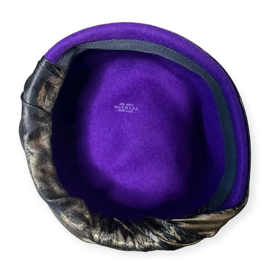 Vintage Purple Wool Pillbox Hat Rhinestones Satin Wrap 1960s Jackie O Aesthetic - Picture 6 of 10